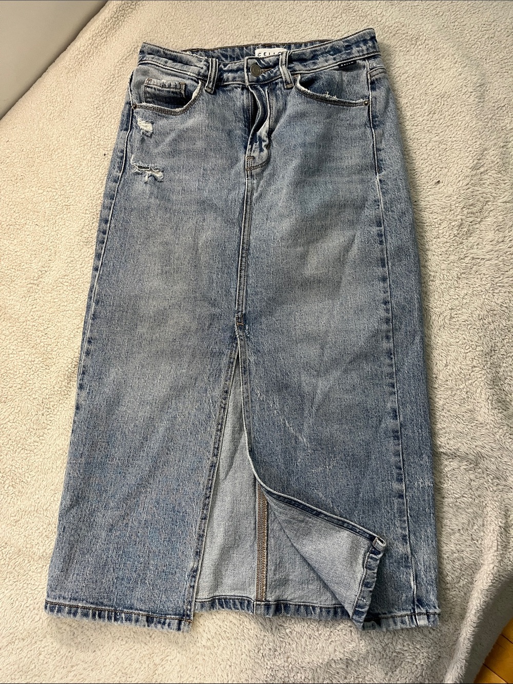 Denim Midi Skirt with Front Slit - Light Blue B028